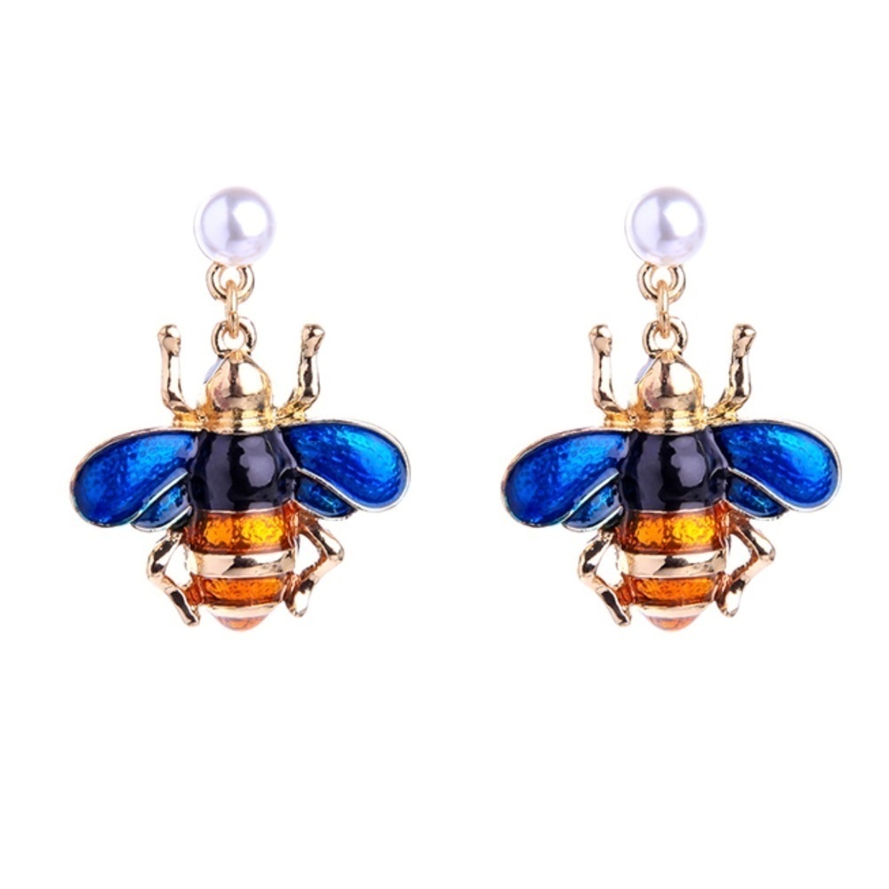 Goldtone Blue Bee Drop Earrings - Picture 1 of 1